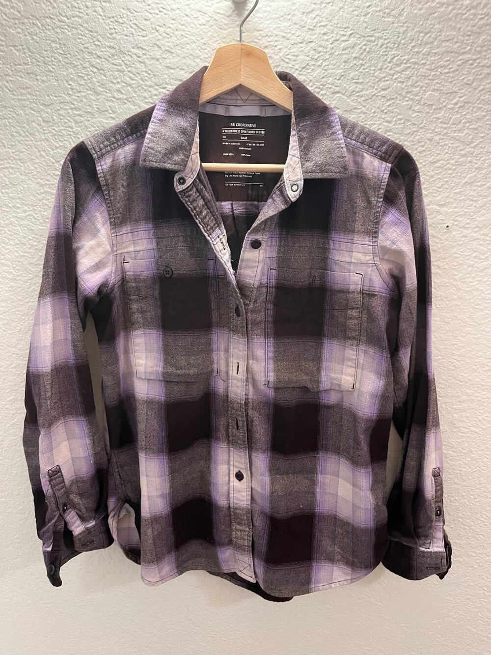 REI Co-op Wallace Lake Purple Black Plaid 100% Cotton Flannel Shirt Women Small